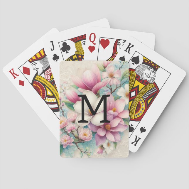 Monogram lace pink purple magnolias flowers  playing cards (Back)