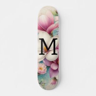 Monogram lace pink purple magnolias flowers skateboard