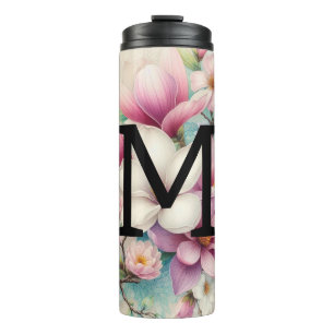 Monogram lace pink purple magnolias flowers thermal tumbler