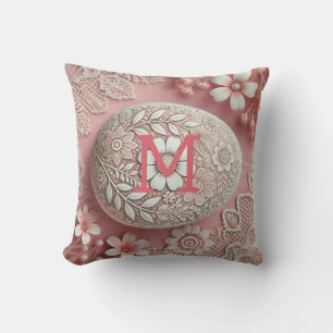 Monogram lace pink white floral Easter egg Cushion