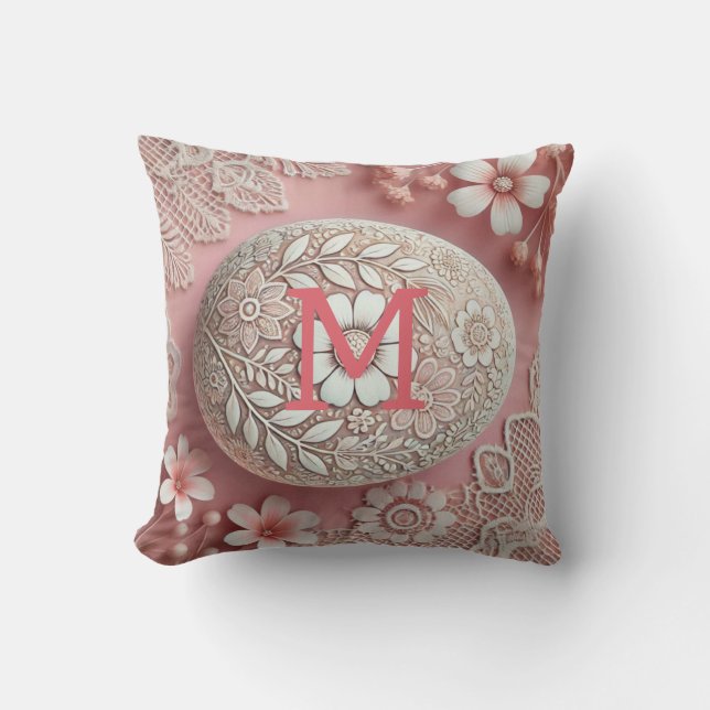 Monogram lace pink white floral Easter egg  Cushion (Front)