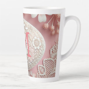 Monogram lace pink white floral Easter egg Latte Mug