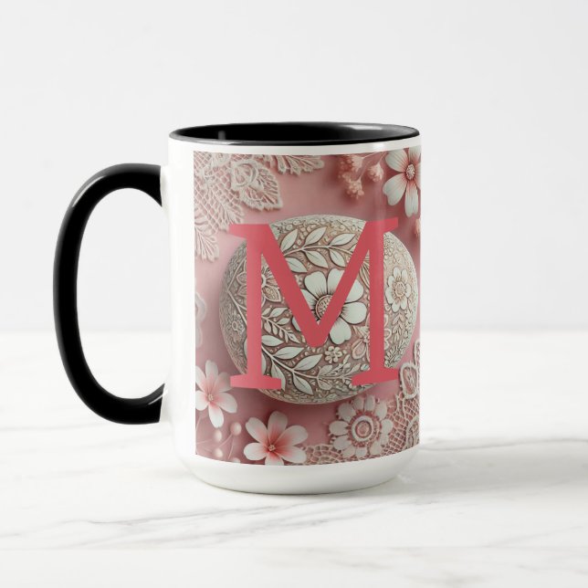 Monogram lace pink white floral Easter egg  Mug (Left)