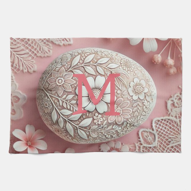 Monogram lace pink white floral Easter egg  Tea Towel (Horizontal)