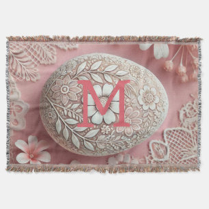 Monogram lace pink white floral Easter egg Throw Blanket