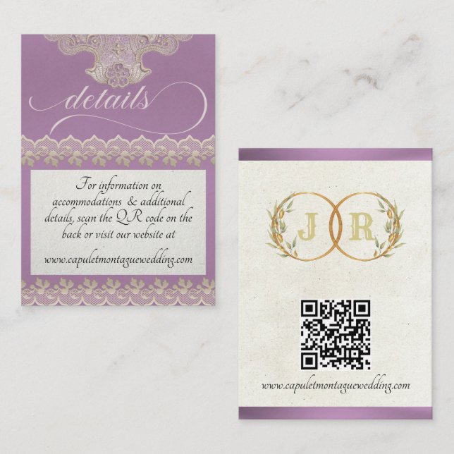 Monogram, Lace & QR Code - Lavender Enclosure Card (Front/Back)