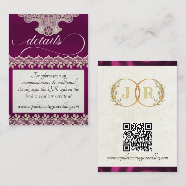 Monogram, Lace & QR Code - Plum Enclosure Card (Front/Back)