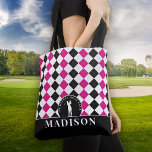 Monogram Lady Golfer Argyle Black Pink Tote Bag<br><div class="desc">This design features a female golfer swinging a club and has two text fields you can use to personalise it - perhaps with a name and golf club.</div>