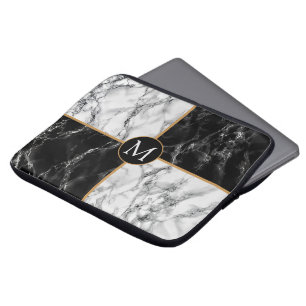 Monogram Laptop Sleeve Black White Check Marble