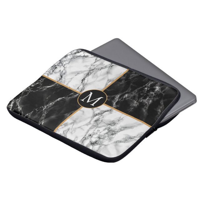 Monogram Laptop Sleeve Black White Check Marble (Front Top)