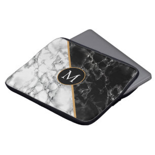 Monogram  Laptop Sleeve Black White Marble Stone
