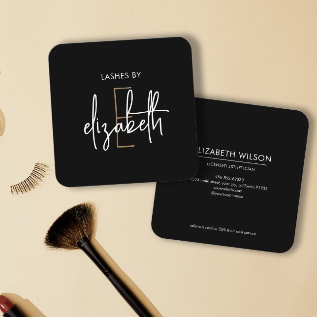 Monogram Lashes Aesthetician Beauty Square Business Card (Creator Uploaded)