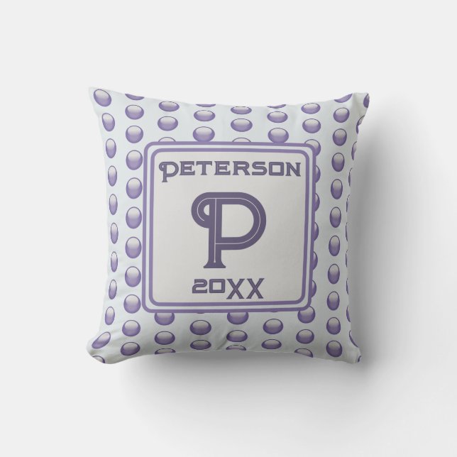 Monogram Last Name Blue Grey Polka Dot Initial Cushion (Front)