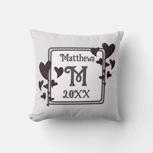 Monogram Last Name Initial Red Hearts Keepsake Cushion (Front)