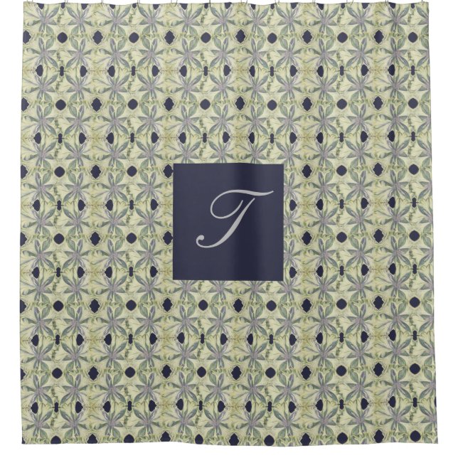 Monogram Lattice-like Cyanus Flower Pattern Shower Curtain (Front)