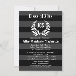 Monogram Laurel Masculine Black Graduation Invitation