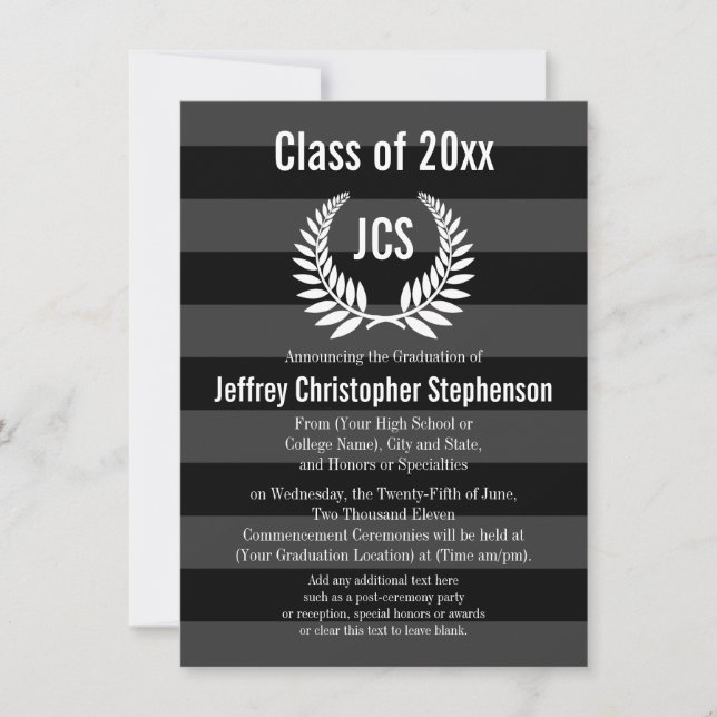 Monogram Laurel Masculine Black Graduation Invitation (Front)