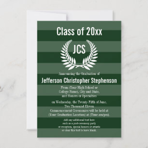 Monogram Laurel Masculine Green Graduation Invitation
