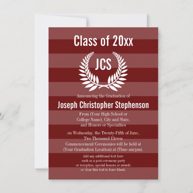Monogram Laurel Masculine Red Maroon Graduation Invitation (Front)