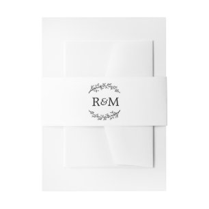 Monogram Laurel Olive Branches White Black Wedding Invitation Belly Band