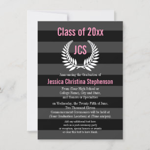 Monogram Laurel Pink College/Custom Graduation Invitation