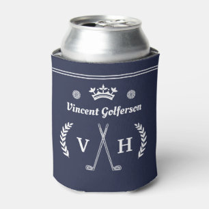 Monogram Laurel Wreath Golf Clubs Crown Name Blue Can Cooler