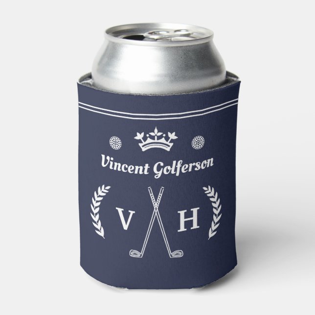 Monogram Laurel Wreath Golf Clubs Crown Name Blue Can Cooler (Can Front)