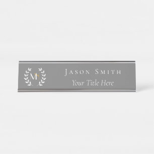 Monogram Laurel Wreath Grey Desk Name Plate