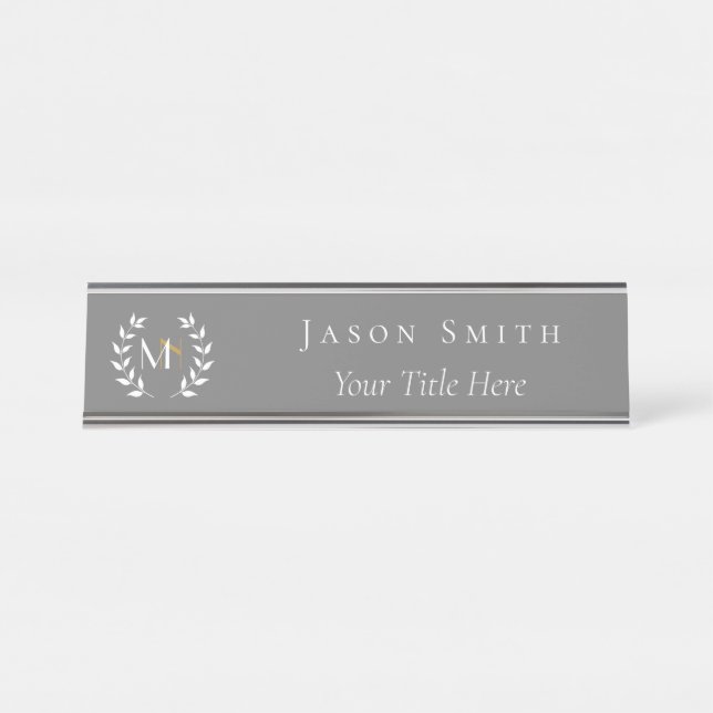 Monogram Laurel Wreath Grey Desk Name Plate (Front)