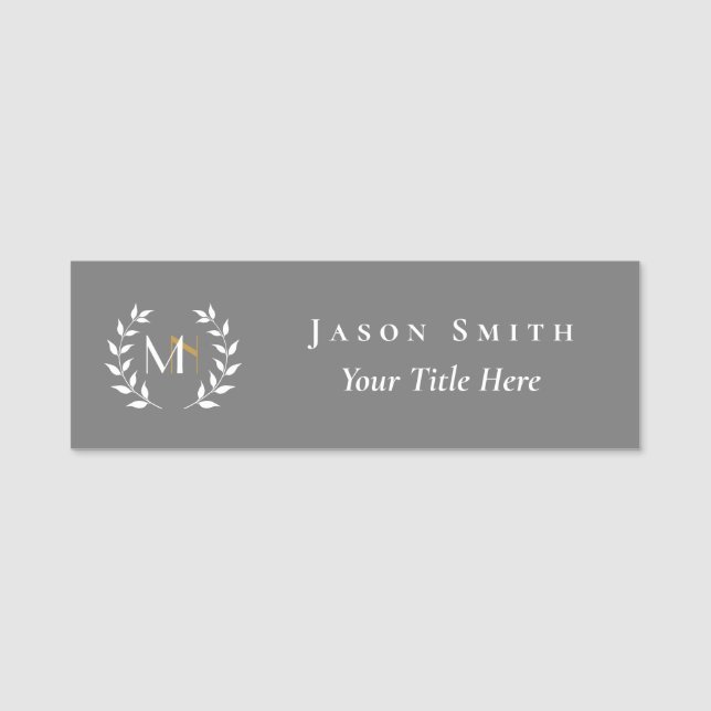 Monogram Laurel Wreath Grey Name Tag (Front)