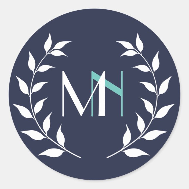 Monogram Laurel Wreath Navy Blue Classic Round Sticker (Front)