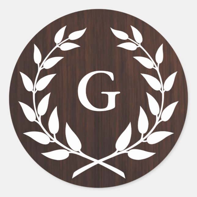 Monogram Laurel Wreath Rustic Wood Pattern Classic Round Sticker (Front)