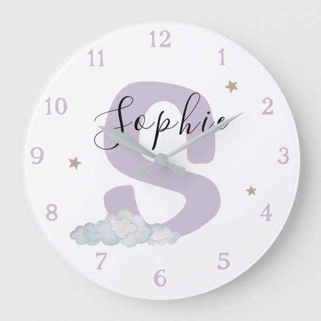 Monogram Lavender Baby Initial Name Nursery Wall Large Clock (Front)