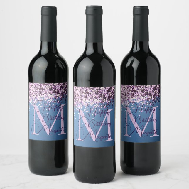 Monogram Lavender Confetti Fun Birthday Wine Label (Bottles)