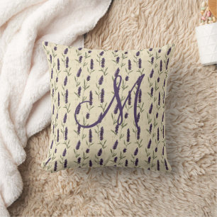 Monogram Lavender Purple Beige Botanical Floral Cushion