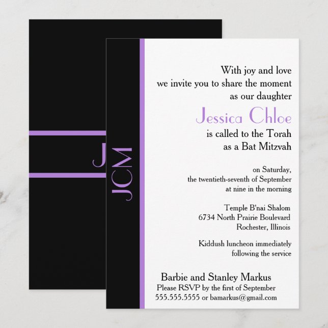 Monogram Lavender Purple Black Bat Mitzvah Invitation (Front/Back)