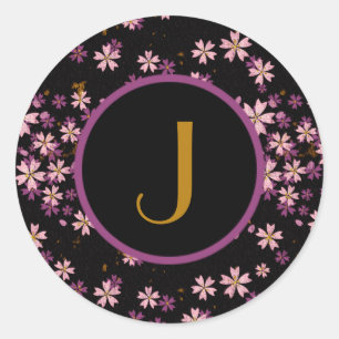 Monogram Lavender Purple Wild Flowers on Black Classic Round Sticker