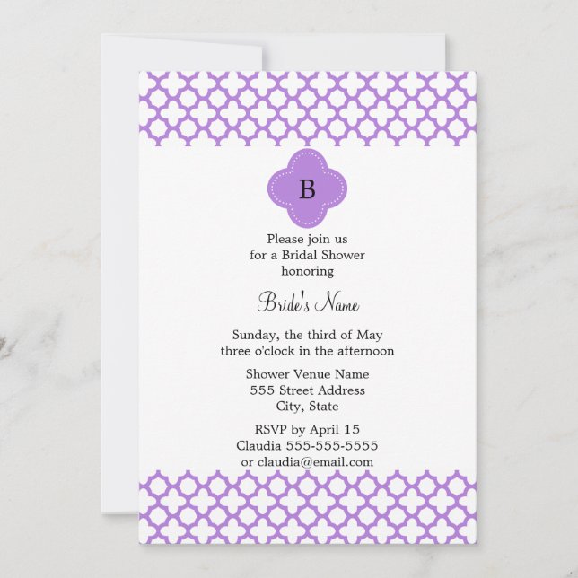 Monogram Lavender Quatrefoil Pattern Invitation (Front)