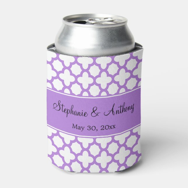 Monogram Lavender Quatrefoil Pattern Wedding Can Cooler (Can Front)