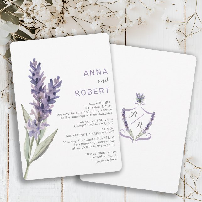 Monogram Lavender Watercolor Wedding Invitation (Creator Uploaded)