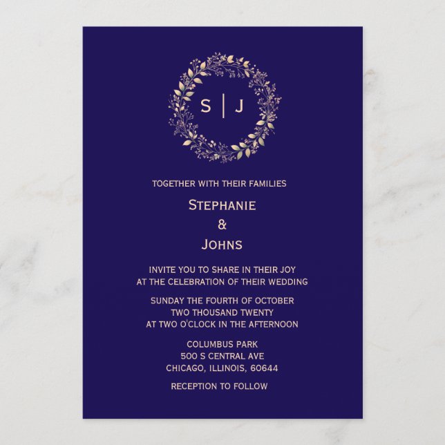 Monogram Leaf Crest Navy Blue Beige Classy Wedding Invitation (Front)