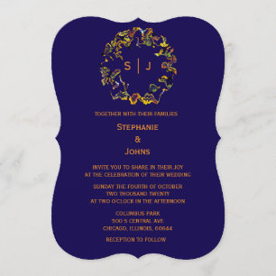 Monogram Leaf Crest Navy Blue Gold Yellow Wedding Invitation