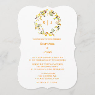 Monogram Leaf Crest Orange Gold White Chic Wedding Invitation