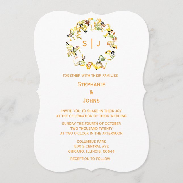 Monogram Leaf Crest Orange Gold White Chic Wedding Invitation (Front)