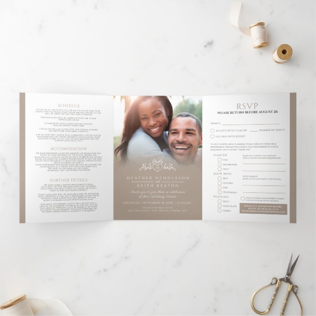 Monogram leaf heart brown tan white wedding Tri-Fold invitation (Inside)