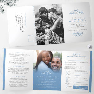 Monogram leaf heart light blue white wedding Tri-Fold invitation