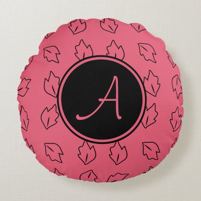 Monogram Leaf Pattern Pink Round Cushion (Front)