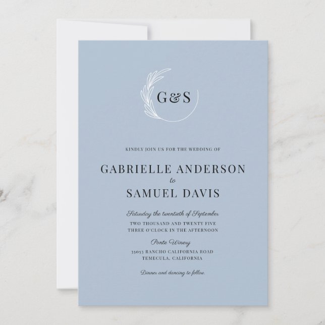 Monogram Leaf Wreath Minimal Dusty Blue Wedding Invitation (Front)