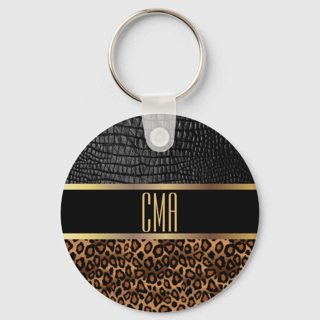 Monogram Leather and Leopard Pattern Key Ring (Front)