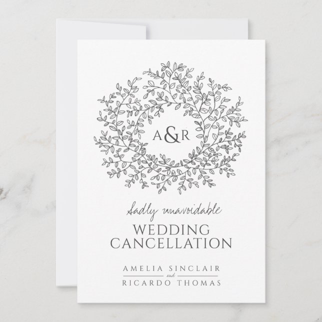 Monogram leaves grey on white wedding cancellation announcement (Front)